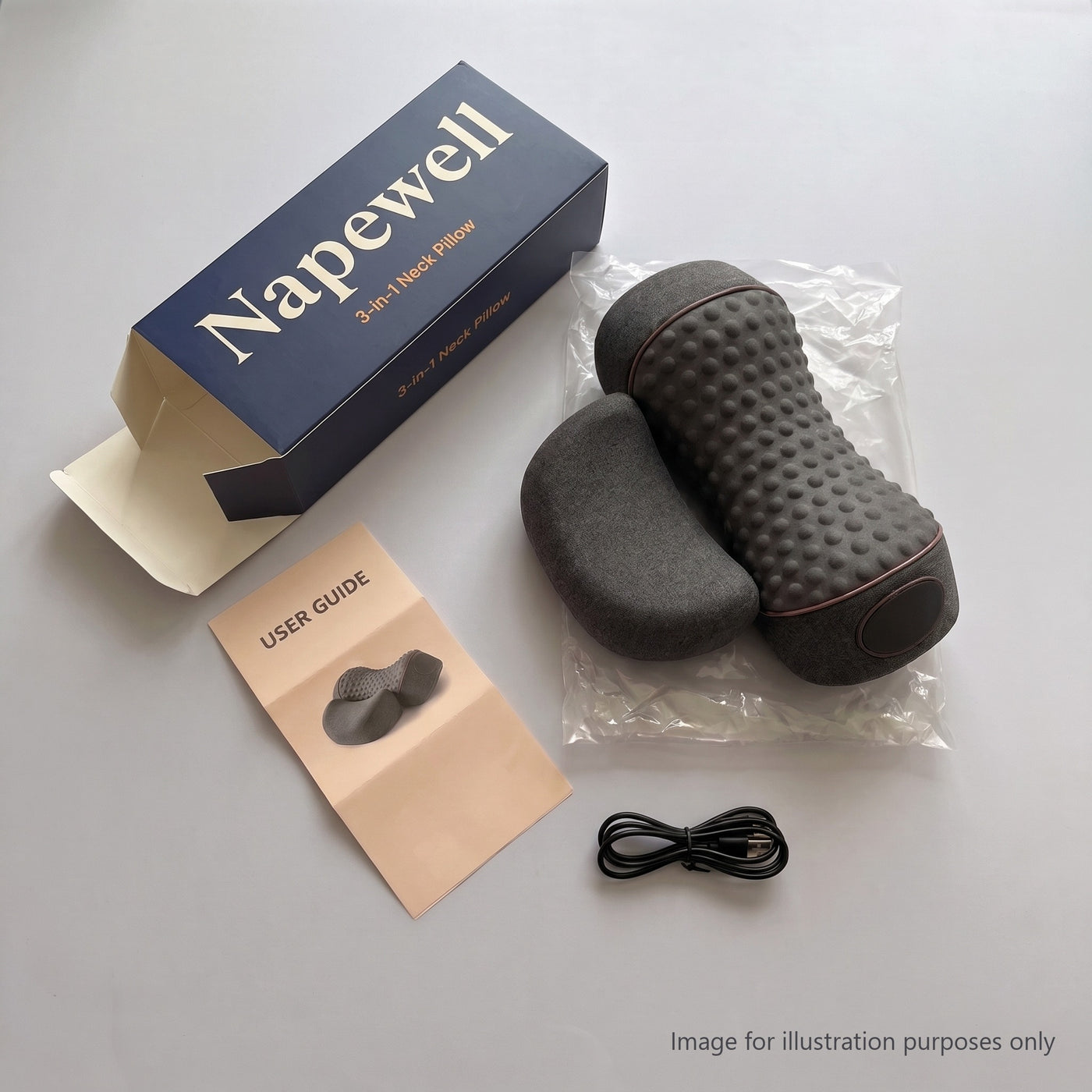In the Napewell box: the heated traction pillow, USB cable and user guide